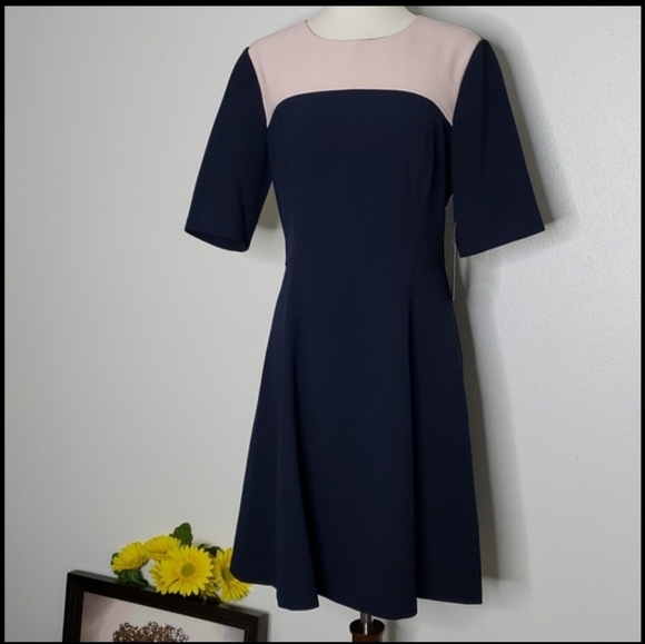 NEW Vince Camuto Fit & Flare Navy Blush Color Block Dress Preppy Spring Designer - Picture 1 of 16